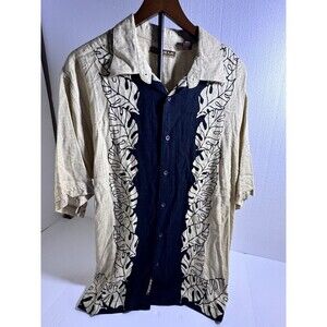 Cubavera Men’s XL Cuban Guayabera Shirt Tan Black Tropical Leaf Button Up